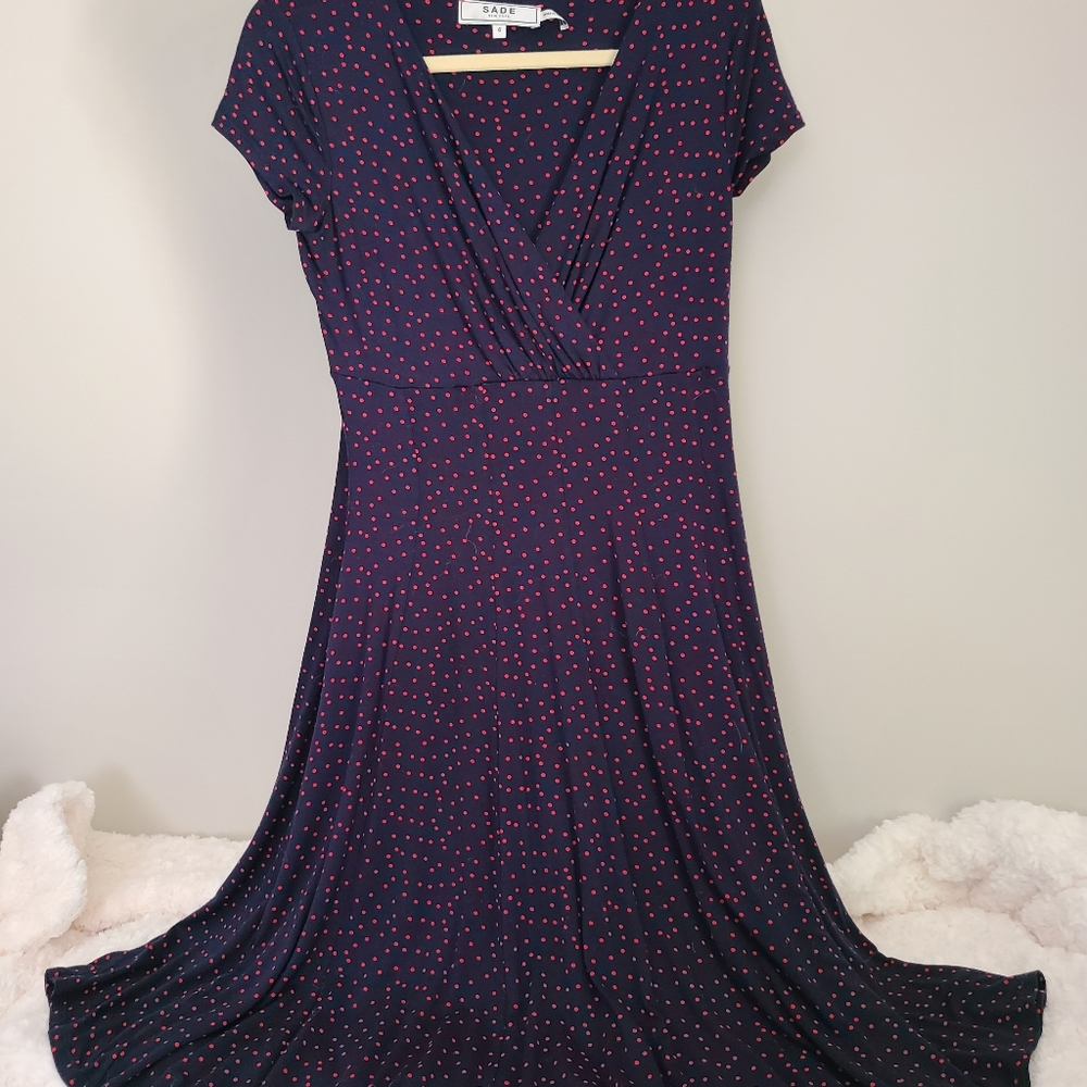 Sade - navy with red polka dots knit dress, A-line. Size 6